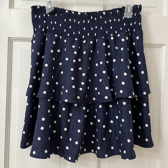 Maison Jules Polka Dot Smocked Tiered Ruffled Skirt Navy  Sz S Flirty Coquette - Picture 1 of 5